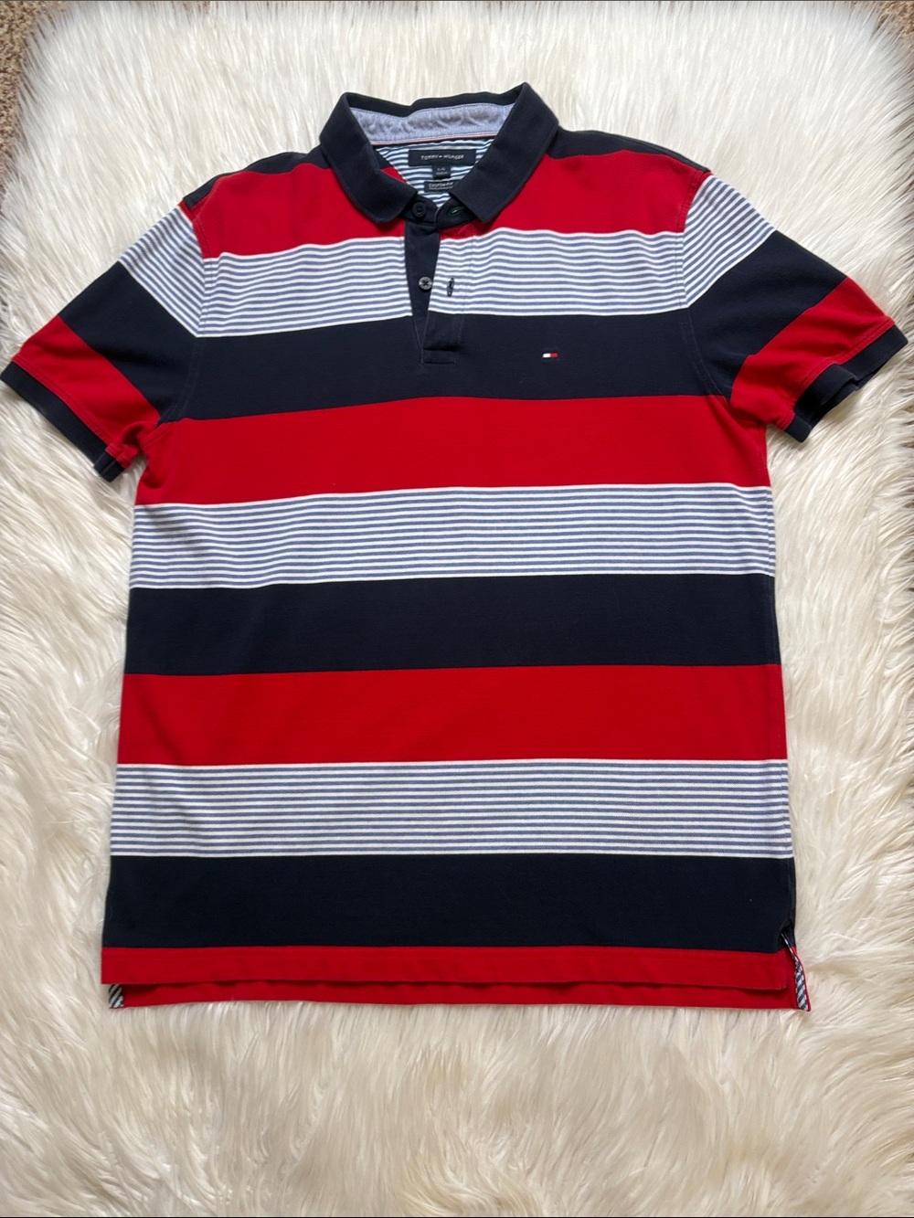 Tommy Hilfiger Men’s Red/Blue/White Striped Polo Shirt, Size Large